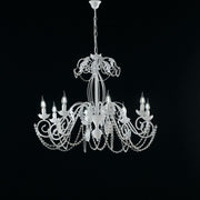 Lampadario in ferro Bianco Shabby strass damasco otto luci 90x h70 cm