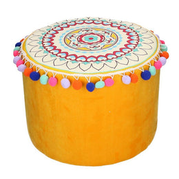 Pouff in velluto giallo arancione con pompon