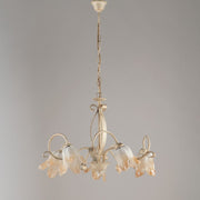 Lampadario in ferro Avorio Oro cinque luci paralumi in vetro Bianco Ambra 64x h45 cm