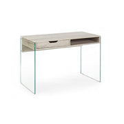 Scrivania di design in legno naturale Armos 1 cassetto e gambe in vetro 110x55x 76h cm