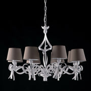 Lampadario  ferro laccato bianco con decorazione shabby 8 luci con paralumi in pvc tortora