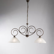 Lampadario in ferro Marrone Oro due luci paralumi in vetro Alabastro Bianco 99x h52 cm