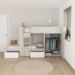 Cameretta 1266 con letto a castello con due cassettoni e armadio colore bianco vintage