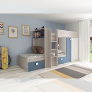 Cameretta 1260 con letto a castello con due cassettoni e armadio colore bianco vintage e azzurro